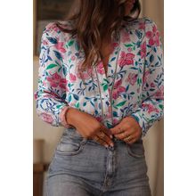 Pink Floral Print Lace Detail Button-up Long Sleeve Shirt