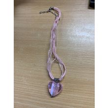 VINTAGE PINK RESIN HEART CORD & RIBBON CHOKER PENDANT NECKLACE 20cm LONG (P3)