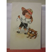 BOY WITH DOG by Wilson? unused vintage postcard children English /