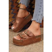 Chestnut Dual Buckle Studded Platform Sandal Slippers