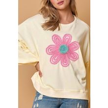 Beige Tinsel Flower Dropped Puff Sleeve Sweatshirt