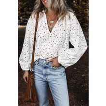 White Eyelet Embroidered Puff Sleeve V Neck Blouse