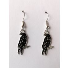 Gothic Crow Moon Enamel Charm Earrings Silver Plated