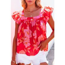 Red Floral Square Neck Ruffle Sleeve Blouse