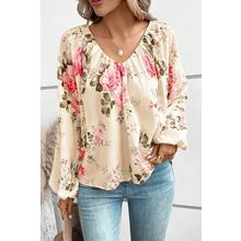 Beige Floral Print Lantern Sleeve V-Neck Blouse
