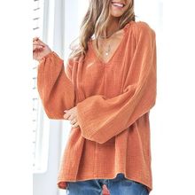 Orange Crinkle Textured Frill Split Neck Puff Sleeve Blouse