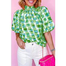 Green Abstract Print Button Back Ruffled High Neck Blouse