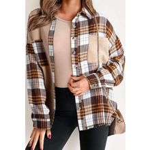 Khaki Thermal Knit Plaid Patchwork Shacket