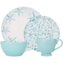 Pfaltzgraff Venice 16-Piece Stoneware Dinnerware Set, Service for 4, Aqua/White