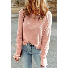 Apricot Pink Textured Round Neck Long Sleeve Top