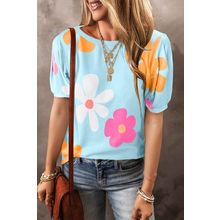 Sky Blue Flower Print Bubble Sleeve Tee