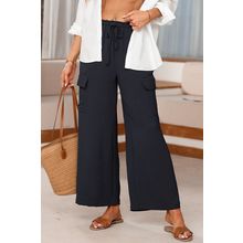 Black Drawstring Frilled Waist Wide Leg Utility Trousers
