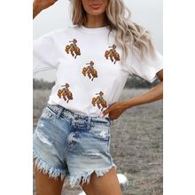 White Rodeo Patched Graphic Casual Round Neck Tee