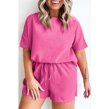 Rose Red Solid Waffle Knit Plus Size Two Piece Set