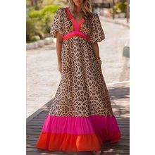 Bright Pink Leopard Colorblock Patchwork Bubble Sleeve Maxi Dress