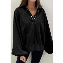 Black Solid Snap Buttons Collared Balloon Sleeve Oversized Sweatshirt