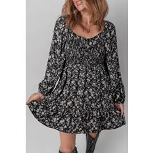 Black Floral Long Sleeve Frilly Shirred Square Neck Mini Dress