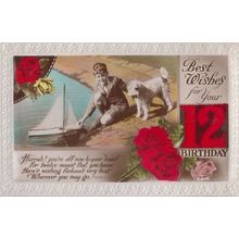 Boy With Toy Model Boat Terrier Dog Greetings Antique Old 12th Birthday Postcard