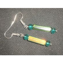 Transparent treated light green glass column & emerald crystal drop earrings