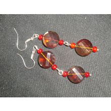 Dramatic amber orange crystal glass twisted disc & red dangle earrings