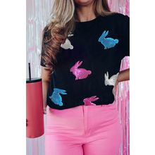 Black Glitter Easter Bunny Round Neck T-shirt