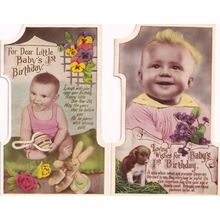 Babys First Birthday 2x Antique Teddy Bear Dog Real Photo Shaped Postcard s