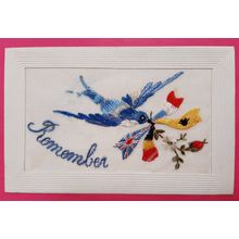 WW1 SILK EMBROIDERED POSTCARD BLUEBIRD ALLIED FLAGS REMEMBER UNPOSTED
