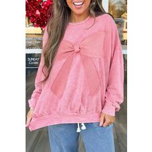Bright Pink Mineral Wash Big Bow Patchwork Pullover Sweatshirt