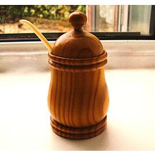 Treen Mustard Pot Turned Wood Storage Jar Plastic Liner with Spoon Vintage Pot