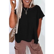 Black Solid Color Sweater Tee with Side Slits
