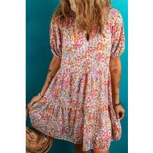Red Floral Puff Sleeve Notched V Neck Tiered Mini Dress