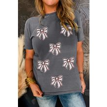 Gray Sequin Bow Baseball Fashion Graphic Tee