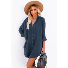 Blue Corduroy Shirt Style Full Button Long Sleeve Shift Mini Dress