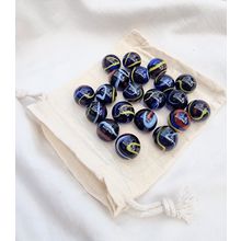 MICHELANGELO 25 Glass Marbles, Blue, Yellow & Red Swirl, 16mm with Cotton Pouch