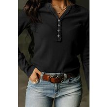 Black Trimmed Neckline Waffle Knit Henley Top