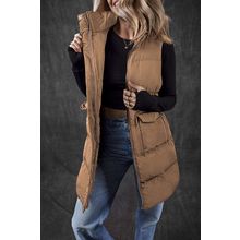 Coffee Windproof Longline Full Zipper Puffer Vest with Pockets