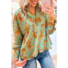Green Tiger Floral Printed Collared V Neck Casual Shirt