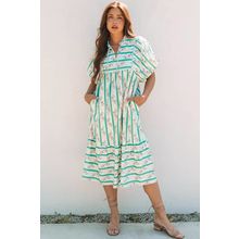 Multicolour Striped Floral Print Tie Split Neck Puff Sleeve Midi Dress