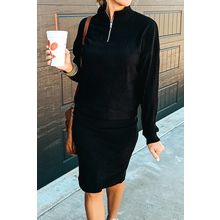 Black Ribbed Zip Stand Neck Drop Shoulder Pullover Bodycon Skirt 2pcs Set