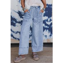 Beau Blue Drawstring Seam Detail Raw Hem Wide Leg Denim Pants