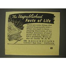 1947 The Rosicrucians Ad - Unpublished Facts of Life