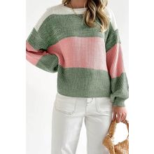 Green Colorblock Drop Shoulder Pullover Loose Sweater