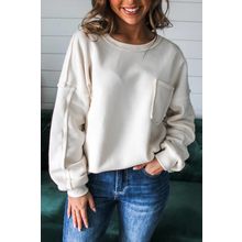 White Exposed Seam Chest Pocket Knit Pullover Sweatshirt