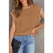 Camel Contrast Trim Boxy Fit Knit Short Sleeve Sweater Top