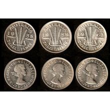 Australia Three Pence 1958 1959 1963 Used Coins 3 x 3d Wheatsheaf QE II