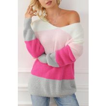 Striped Color Block Fuzzy V Neck Sweater