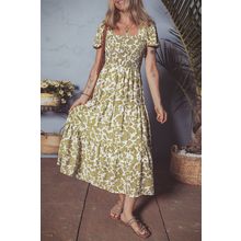 Yellow Boho Floral Square Neck Smocked Bust Puff Sleeve Tiered Long Dress