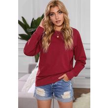Wine Red Solid Crew Neck Pullover Sweatshirt