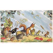 Harvest Time Squirrels Farming Molly Brett Medici Postcard