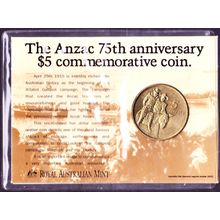 1990 Australia $5 Coin Carded ANZAC 75th Anniversary